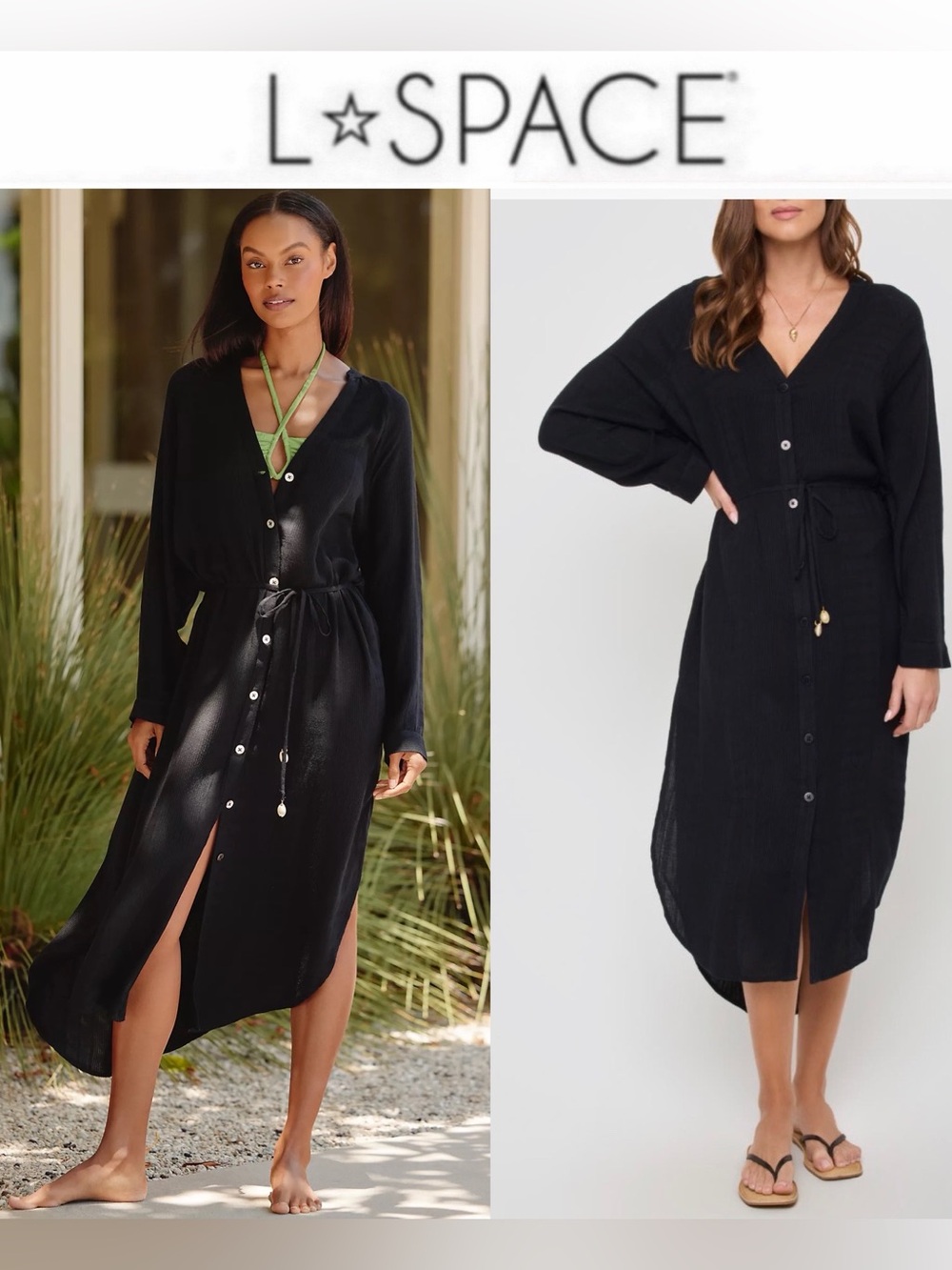 l*space Yoli Shirtdress Black Midi Button-Front Tie-Waist Coverup Sz XS NWT $161